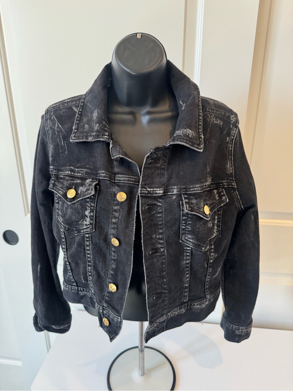 True Religion Black Distressed Denim Jacket with Gold Buttons